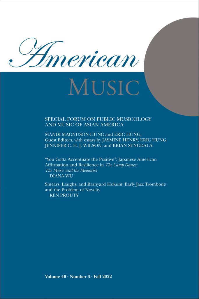 Cover of American Music, Vol. 40, Iss. 3, Fall 2022. A list of contents appears on a white and blue background with a gray half circle decorating the right side.
